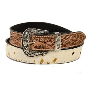 SHYANNE Cream Hair On Tooled Leather Western Belt XXL NEW